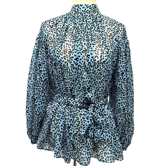 ASOS Blue Animal Print Belted Puff Sleeve Sheer Blouse - Picture 1 of 13